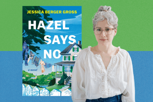 Jessica Berger Gross and the cover of her novel "Hazel Says No" on a green and blue background.