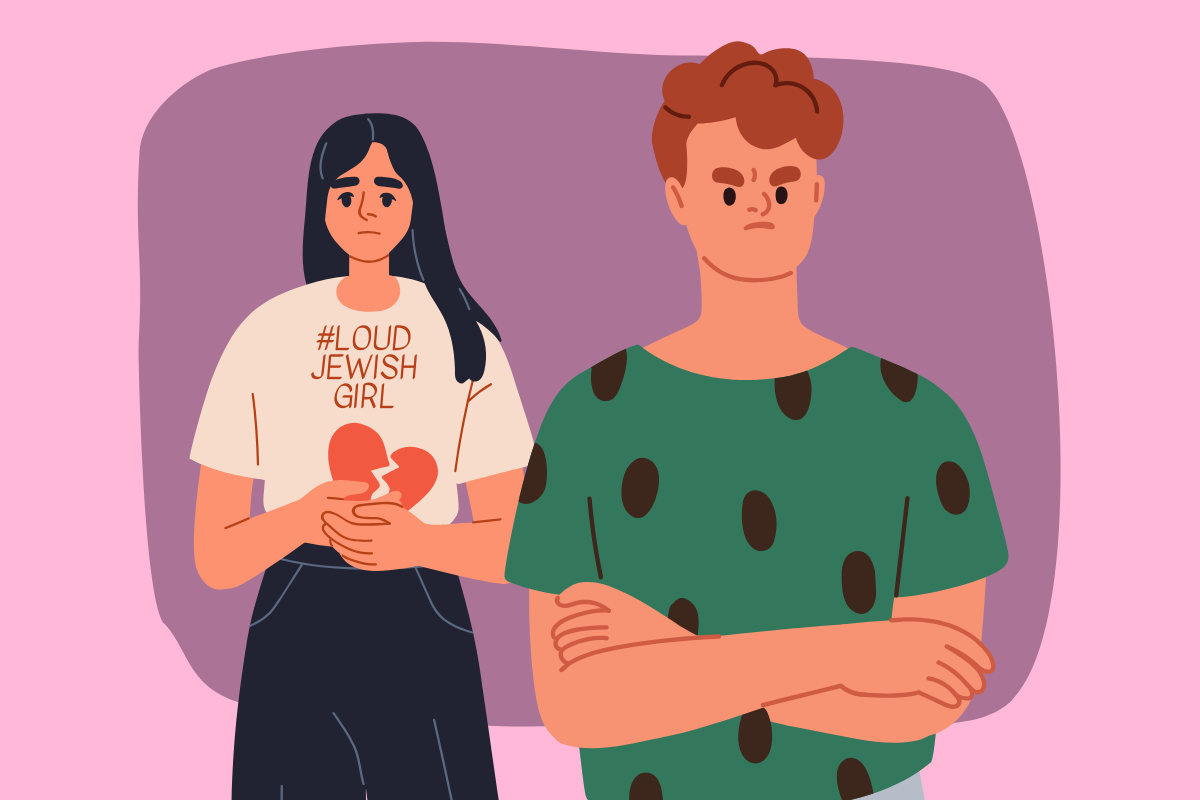 An illustrated drawing of an angry looking man in the foreground, with a sad and broken hearted girl in the background. The girl wears a shirt that reads Loud Jewish Girl and is holding a literal broken heart.