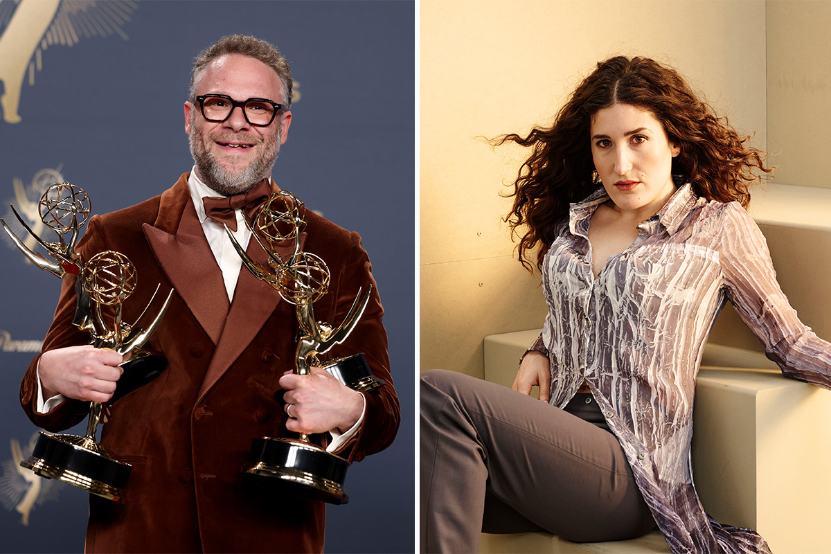 Seth Rogen on the left holds two Emmys; Kate Berlant sits on the right posing for camera