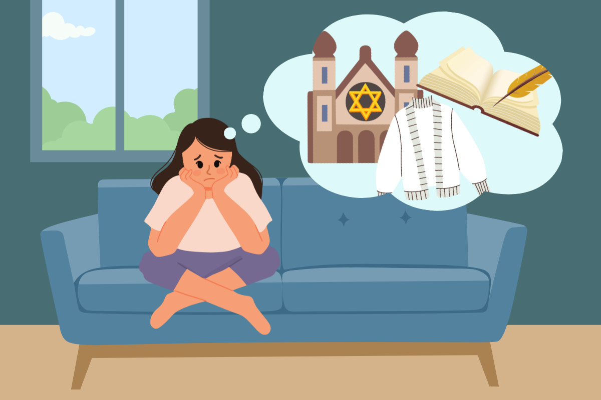 an illustrated drawing of a woman sitting alone on a couch. she has a thought bubble above her head including a synagogue, a white cardigan, the book of life and a feathered quill.