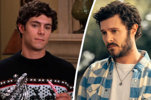 Adam Brody on the left as Seth Cohen holding a menorah and candy cane. Another photo of Adam Brody on the right as Noah Roklov.
