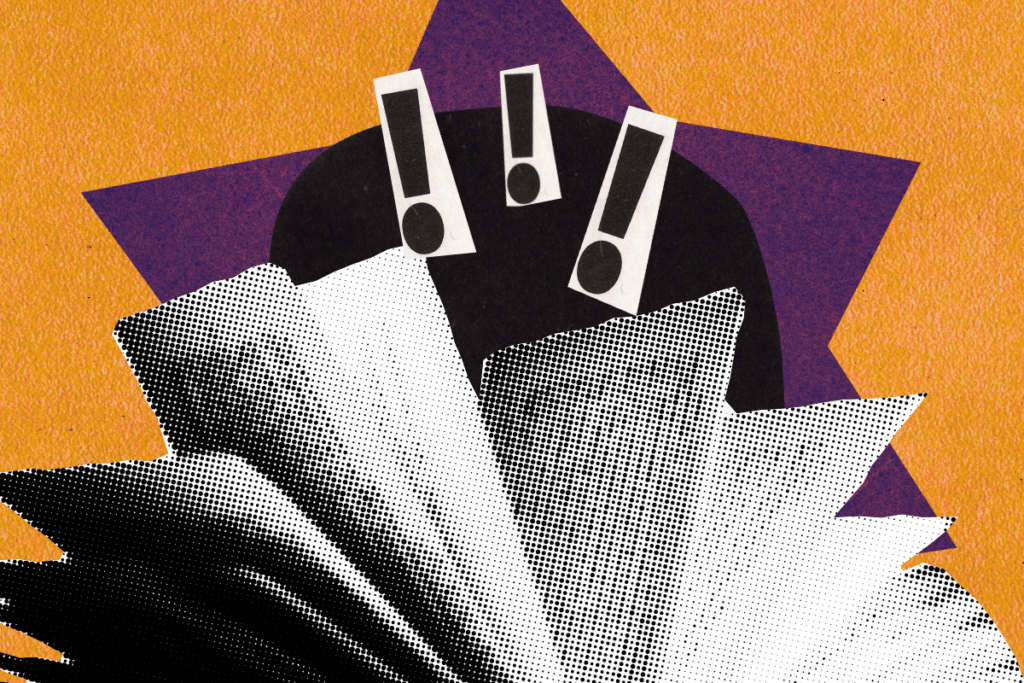 A collage of a book on a purple, black and orange background.