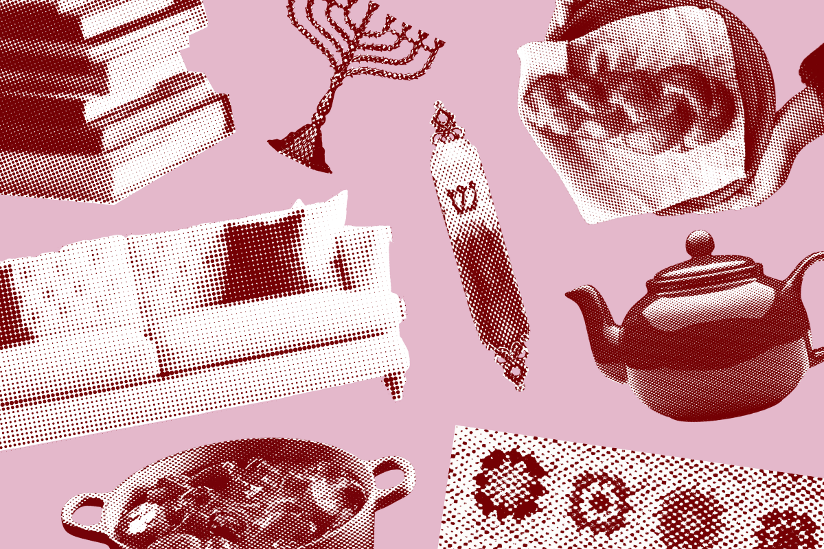 a collage of lots of Jewish items and cozy items: a pile of books, a menorah, a mezuzah, a sofa, a tea kettle, and a pot of soup.