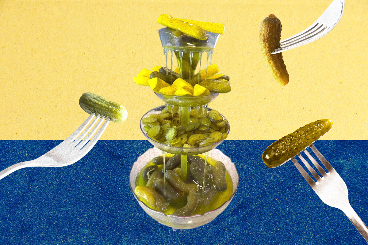 A fountain full of green pickles and brine on a yellow and blue background. Forks spearing pickles surround it.