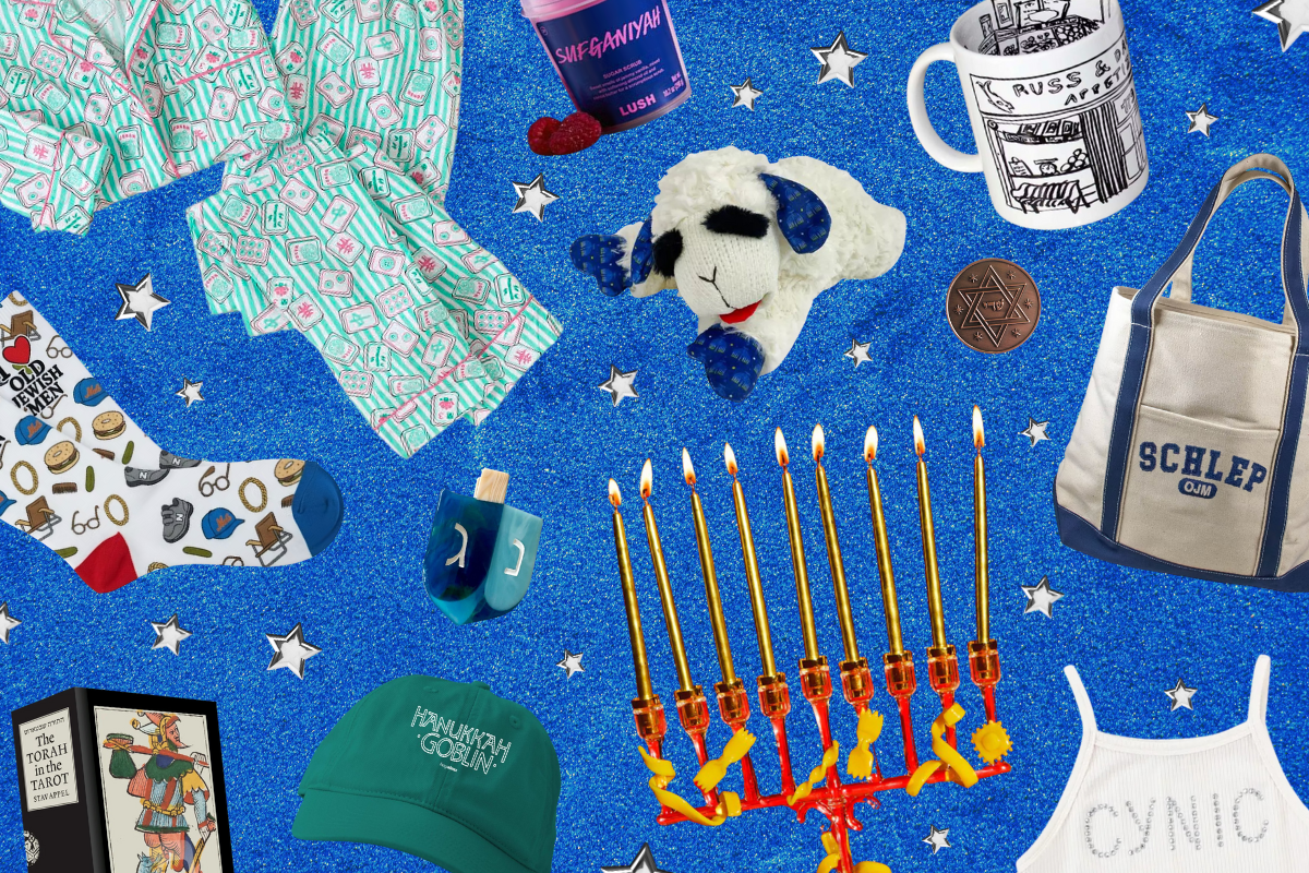 Hanukkah gift items on a blue background