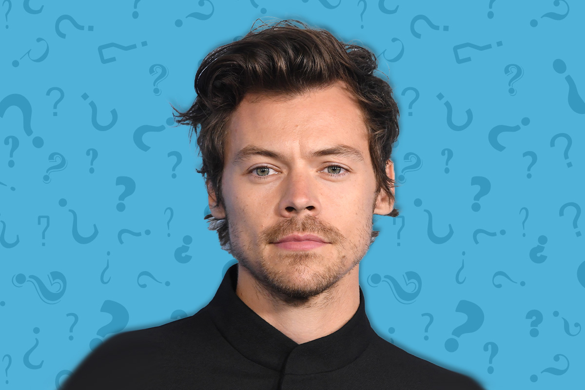 A photo of Harry Styles on a blue background of question marks.