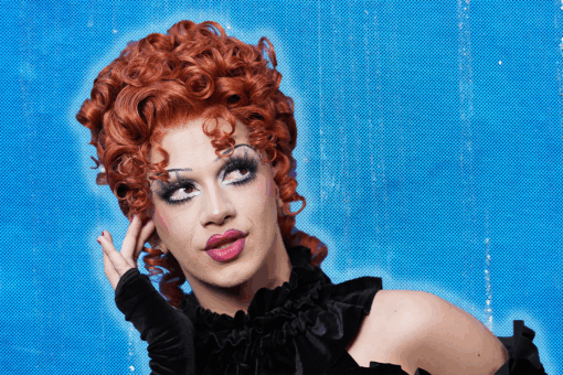 Suzie Toot from "RuPaul's Drag Race" on a blue background