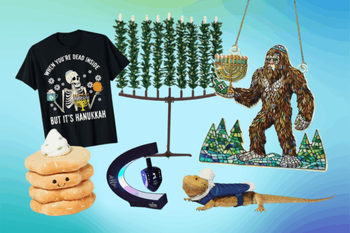 Weird Hanukkah merchandise on a blueish background