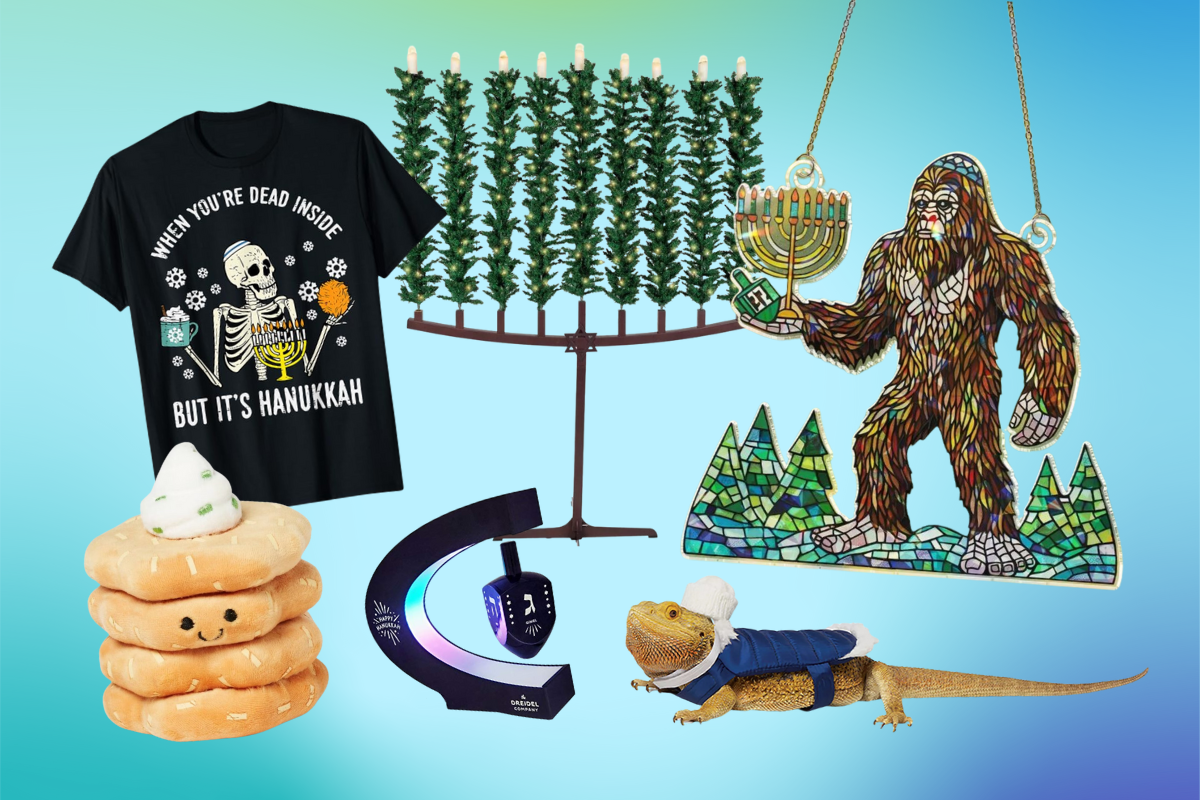 Weird Hanukkah merchandise on a blueish background