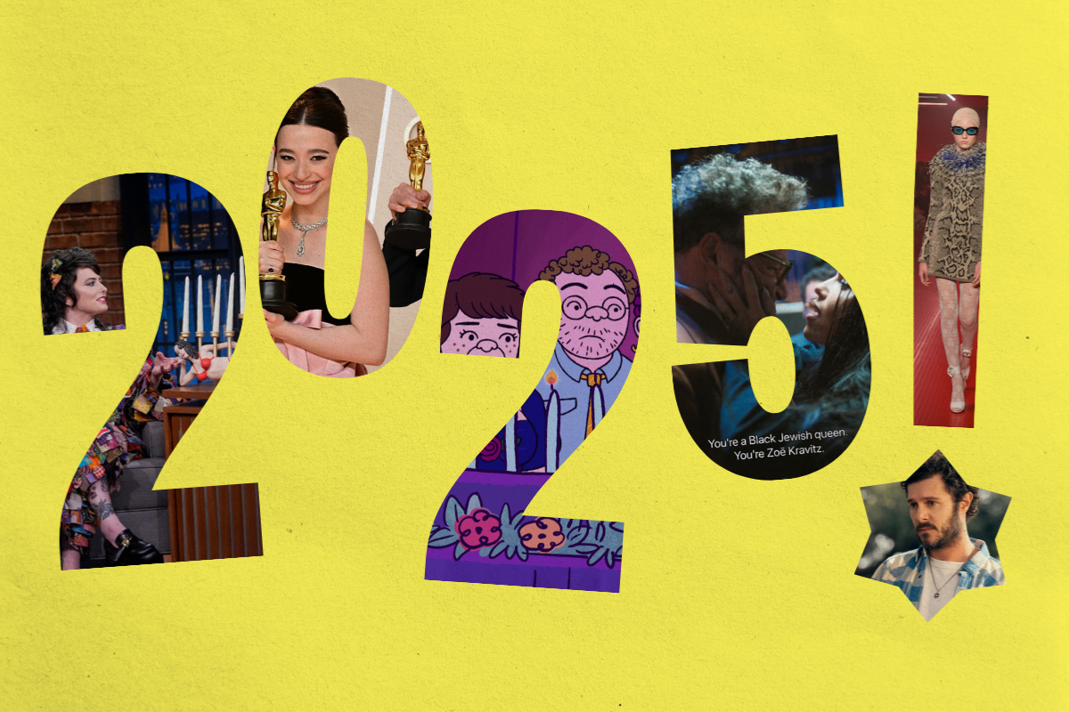 A yellow background with 2025! spelled out. Cut out of the numbers are photos of Sarah Sherman and the "Anora Menorah," Mikey Madison, "Long Story Short," Seth Rogen and Zoë Kravitz in "The Studio," Kai Schreiber and Adam Brody in "Nobody Wants This."