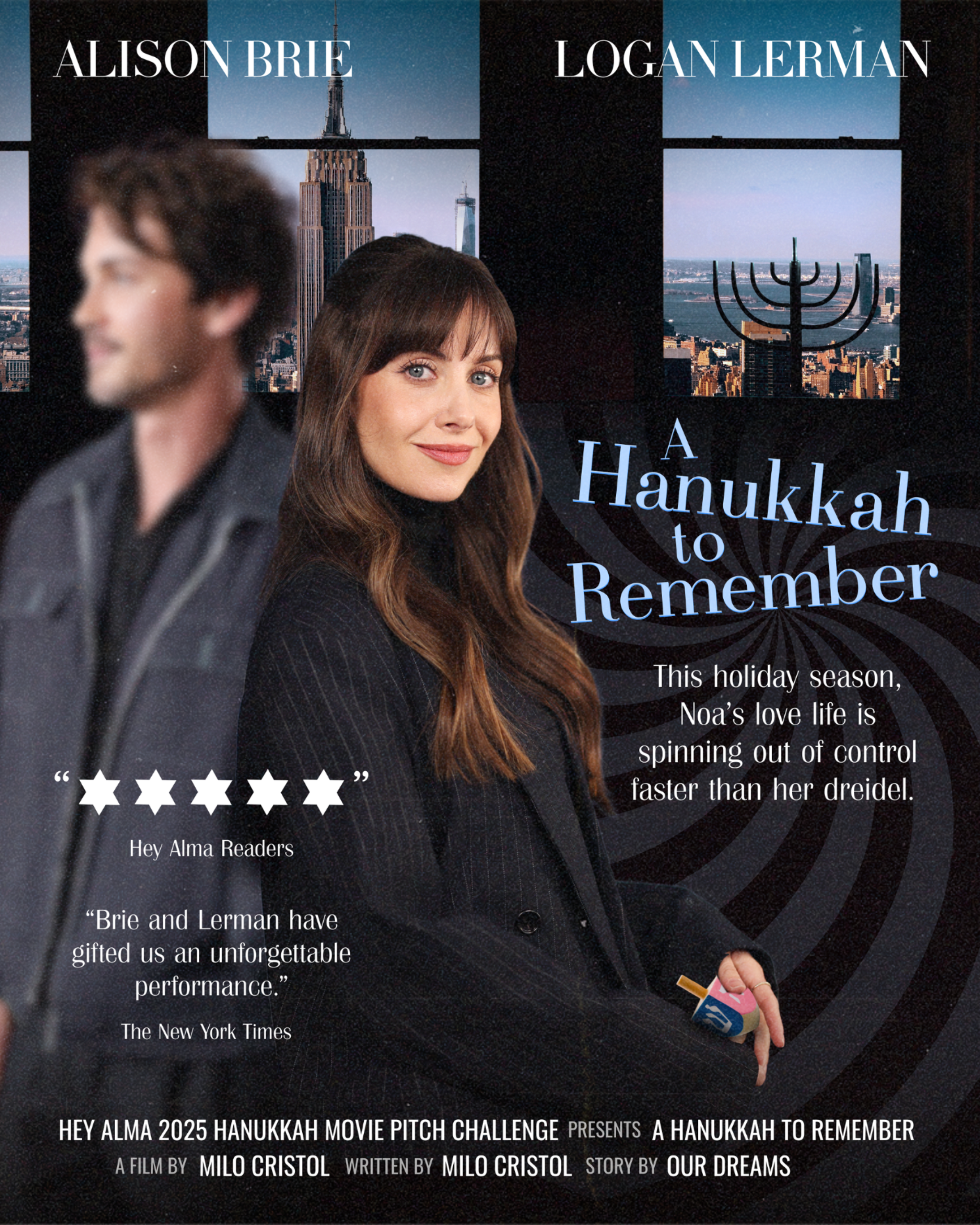 Hey Alma Hanukkah movie pitch contest winner featuring Logan Lerman and Alison Brie.