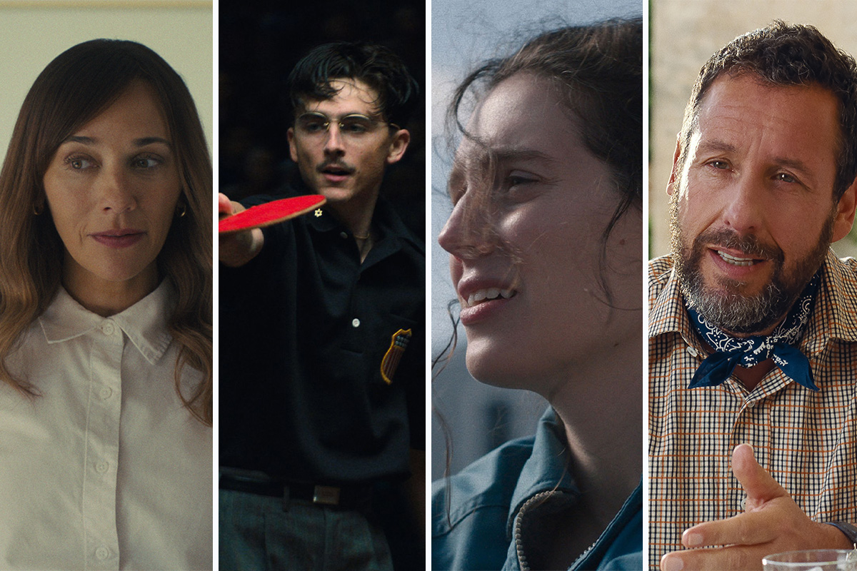 Rashida Jones, Timothée Chalamet, Eva Victor and Adam Sandler in photos next to one another. They are stills from "Black Mirror," "Marty Supreme," "Sorry, Baby" and "Jay Kelly," which are all nominated for Golden Globes.