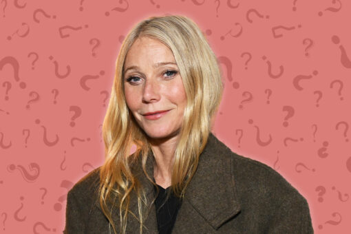 Gwyneth Paltrow on a red background with question marks