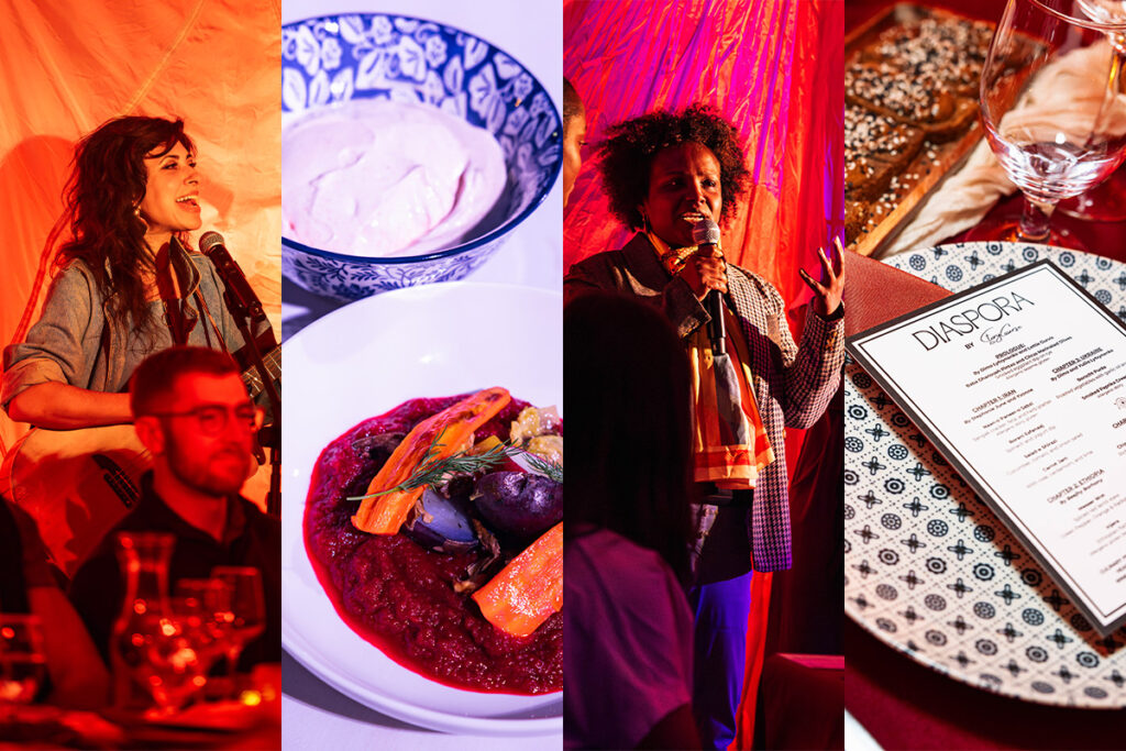 Four photos from "StoryCourse: Diaspora" collaged together. On the left, a woman stands with a guitar. On the center-left, there is a bowl of borscht. On the center-right there is a woman talking into a microphone. On the left there is a menu on a plate.