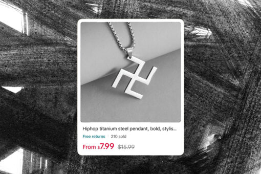 TikTok swastika necklace ad on a black background