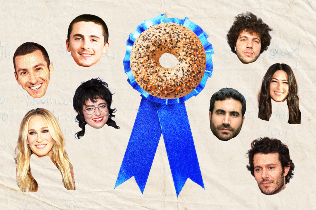 A bagel on a blue ribbon with the faces of Sarah Sherman, Chloe Fineman, Brett Goldstein, Adam Brody, Rebecca Minkoff, Timothée Chalamet, Sarah Jessica Parker, Benny Blanco, Jake Cohen and Adam Pally surrounding it.