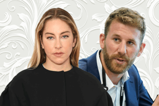 Jewish musician Este Haim and husband Jonathan Levin on a white bridal background