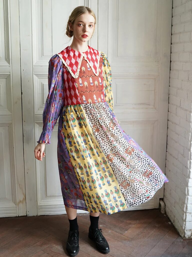 Circus Illustration Printed Patchwork Dress (Unilogical Poem)
