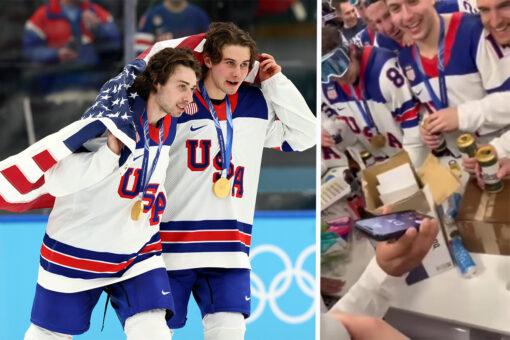 Jewish hockey players Quinn and Jack Hughes on the left and a video of the U.S. Men's hockey team talking to Donald Trump on the phone.