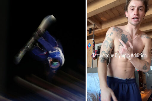 On the left, Jakes Pates during the men's halfpipe final at the 2026 Milano-Cortina Winter Olympics. On the right, a TikTok of Jake showing off his Star of David tattoo.