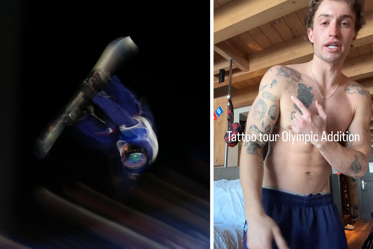 On the left, Jakes Pates during the men's halfpipe final at the 2026 Milano-Cortina Winter Olympics. On the right, a TikTok of Jake showing off his Star of David tattoo.