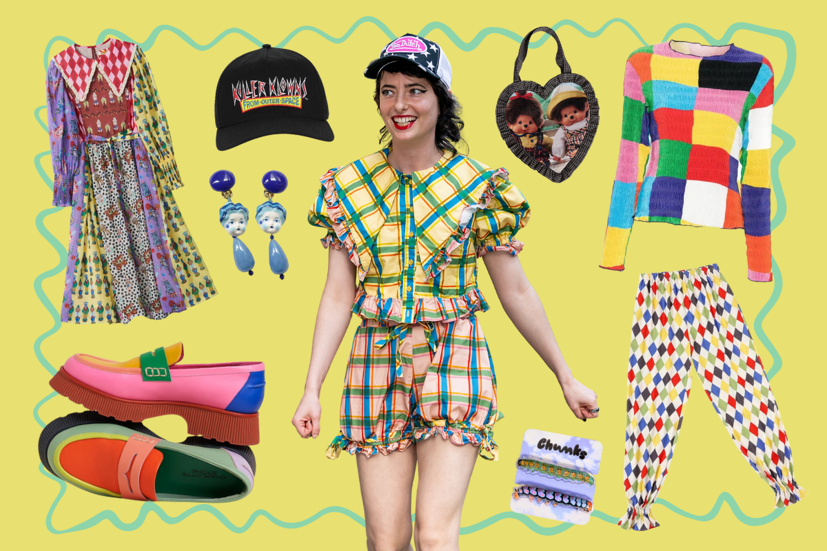 Sarah Sherman surrounded by clothes on a yellow background