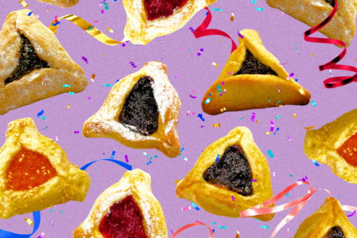 Various hamantaschen on a purple background with streamers and confetti.