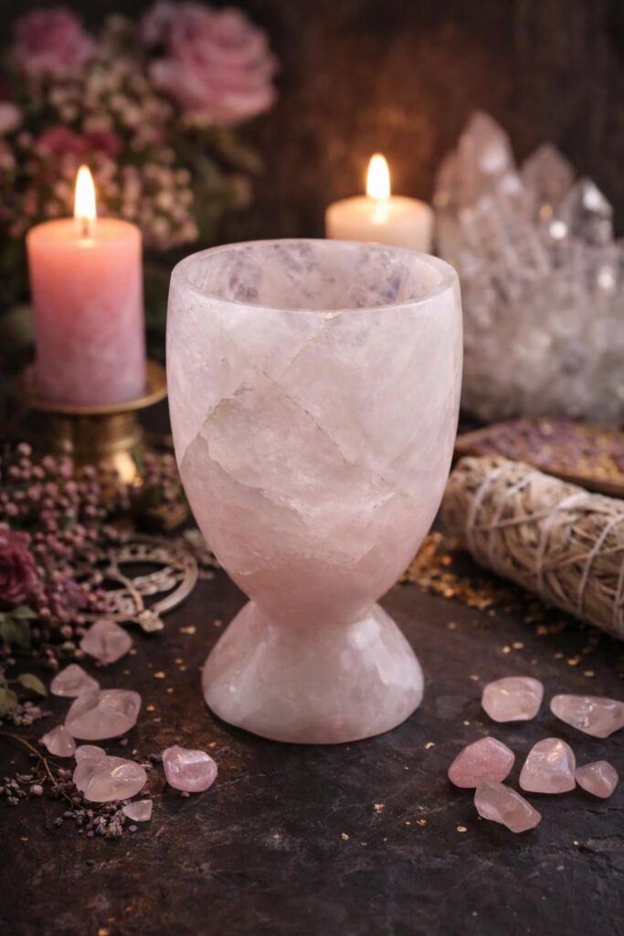 Rose Quartz Crystal Chalice by PebblesCrazyCrystals (Etsy)