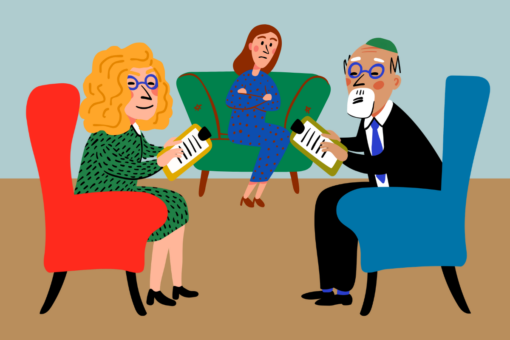 Therapists talking in front of a Jewish patient.