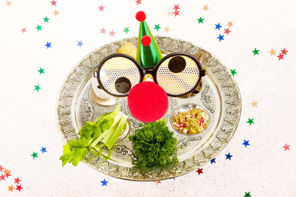 A seder plate with a party hat, glasses and a clown nose.