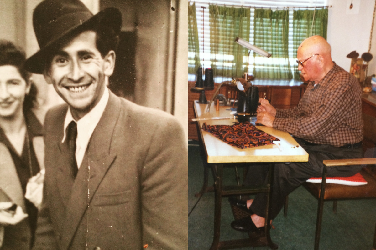 Two photos of Salamon's father. One features him in his youth, while the other depicts him as an older man working on a garment.