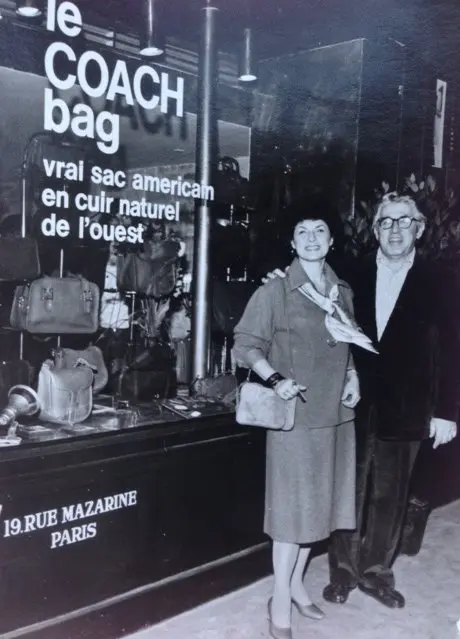Lillian Cahn and husband, Miles in front of their Coach Leatherware Company .