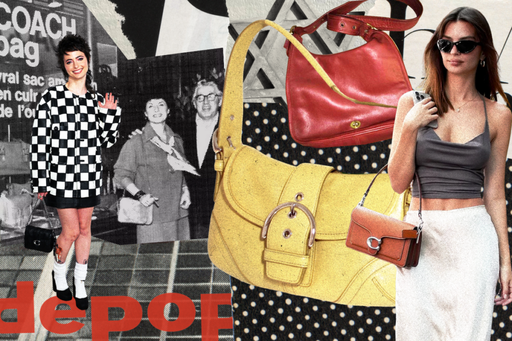 Collage featuring Emily Ratajkowski and Sarah Sherman carrying Coach bags. A photo of Lillian and Miles Cahn outside of a storefront is also included.