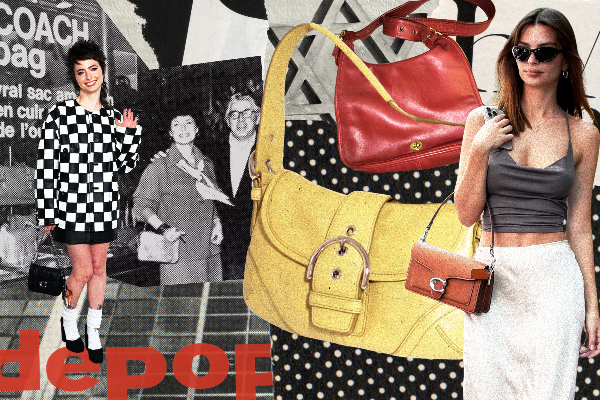 Collage featuring Emily Ratajkowski and Sarah Sherman carrying Coach bags. A photo of Lillian and Miles Cahn outside of a storefront is also included.
