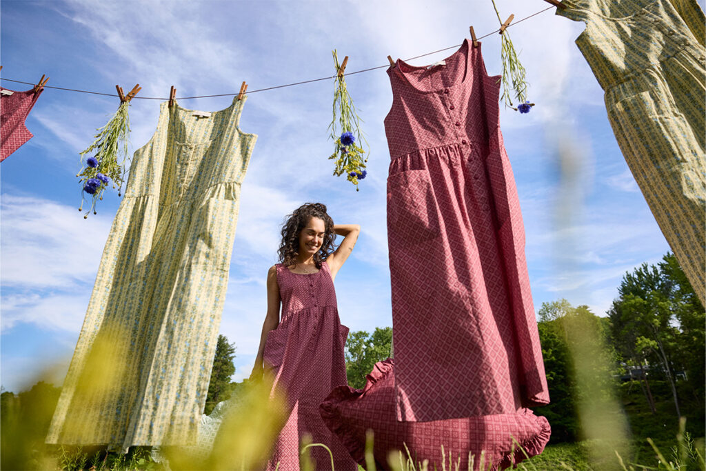 Audrey Gelman wearing the pinafore dress from the Six Bells and Wallach Project collection