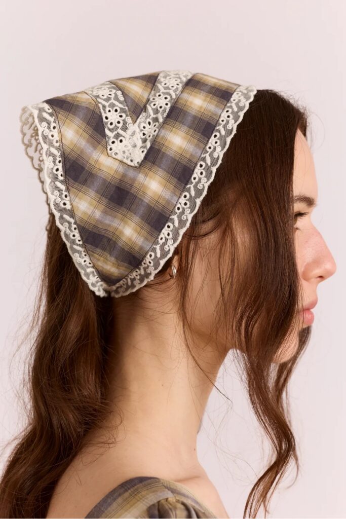 Headscarf With Lace Detail In Cardamon Check (Damson Madder)