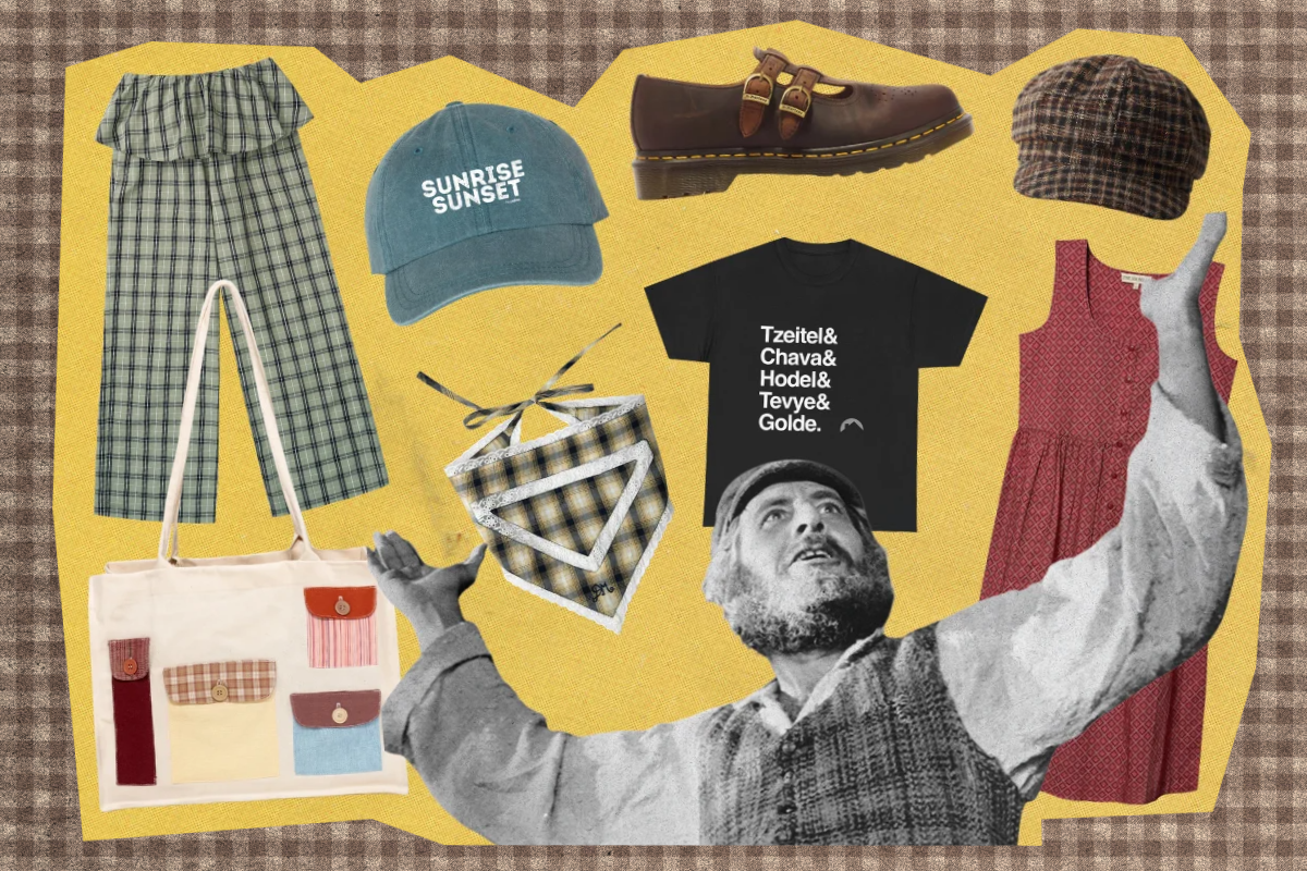 Topol as Tevye in front of a collage of various articles of clothing on a brown gingham background