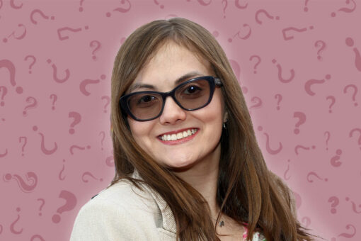 Tal Anderson looks at camera. Her photo is displayed on a background of pink question marks.