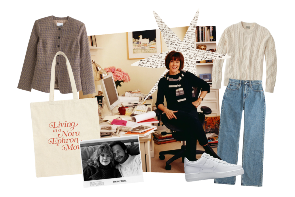 Nora Ephron at her desk surrounded by various clothing items